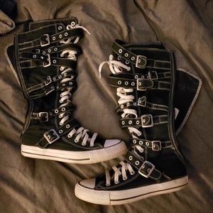 Black Knee High Converse Chuck Taylor buckle shoes